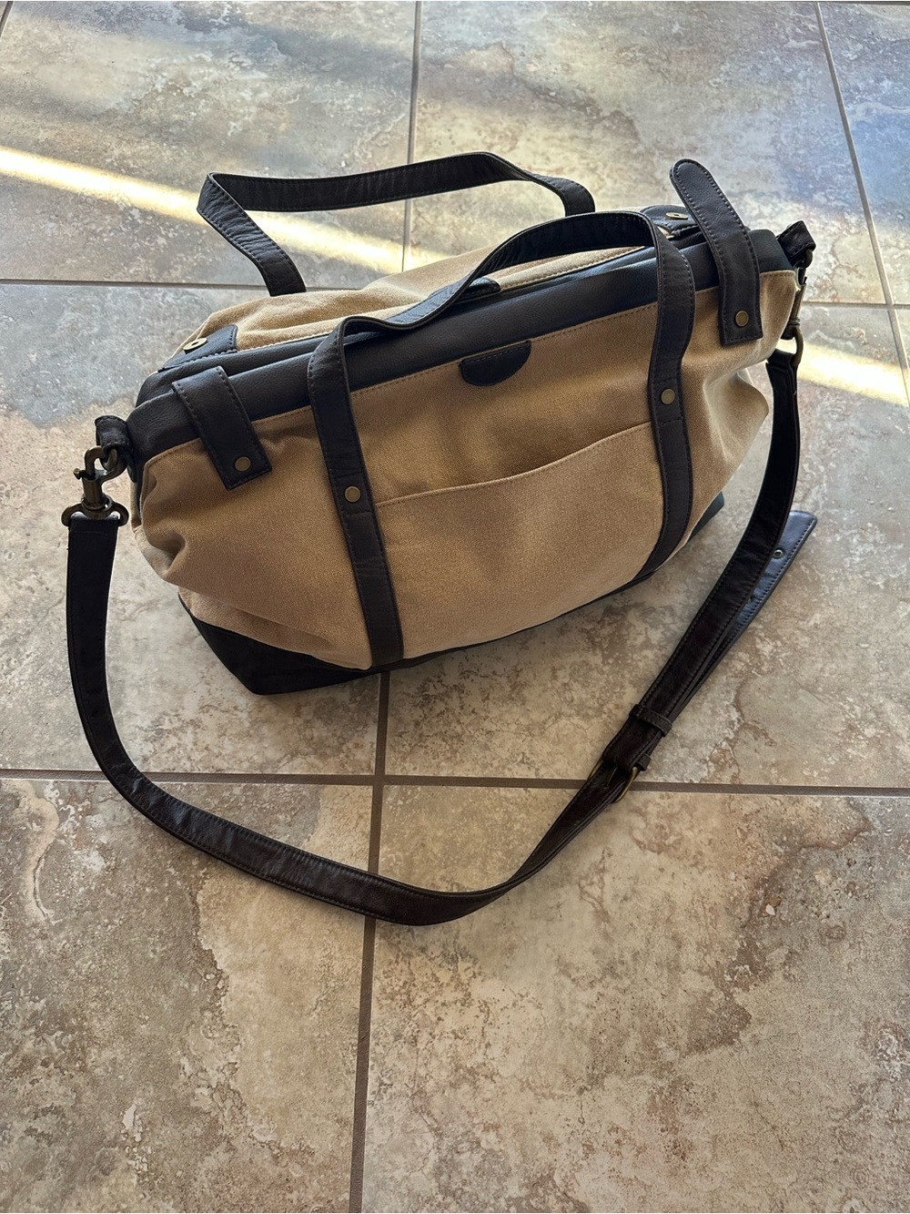 Matt & Nat Tan Canvas Travel Satchel with Black Vegan Leather Trim
